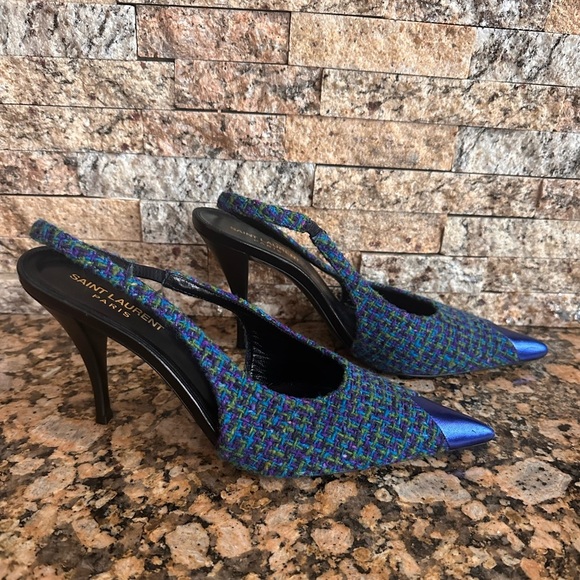 Saint Laurent Arian Vert Blue Violet Tweed Slingback - Picture 2 of 13